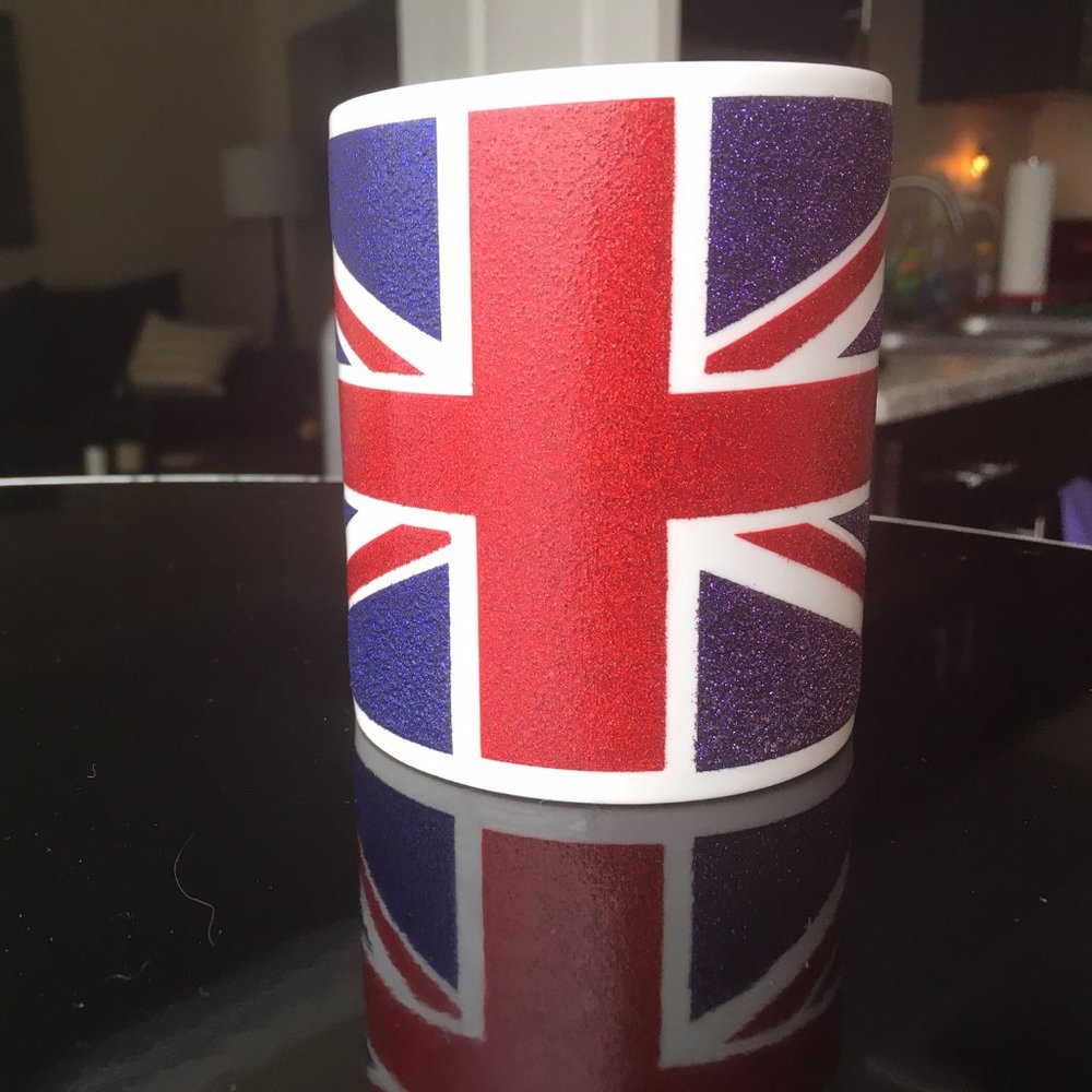 NEW Union Jack Great Britain coffee mug with glitter detail blue purple
